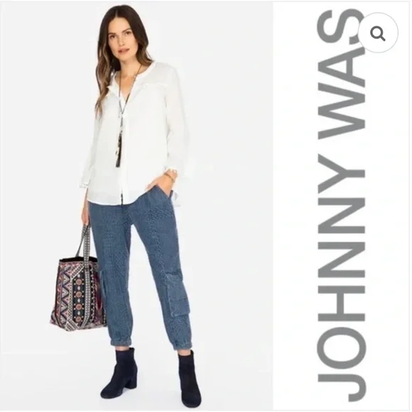 Johnny Was Sana Denim Pull-On Pant Embroidered Cargo Jogger Pants Size XL